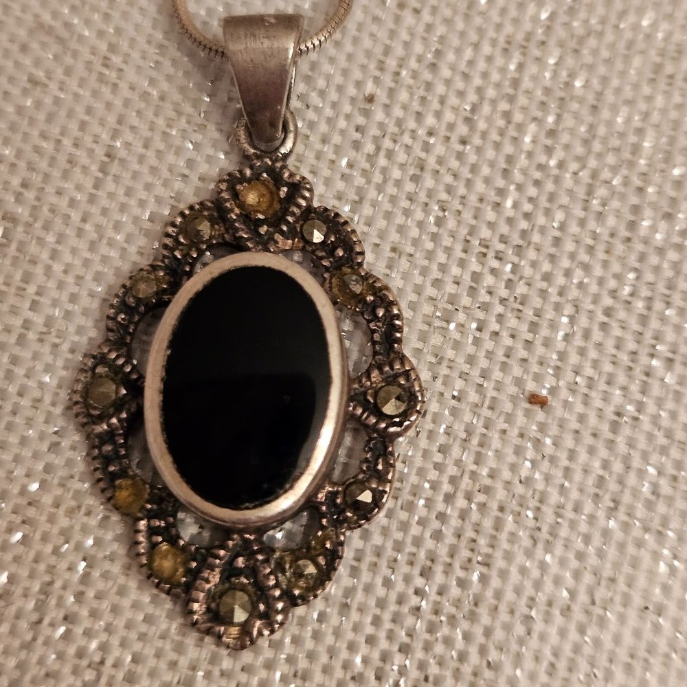 Sterling Silver Marcasite and Onyx Pendant